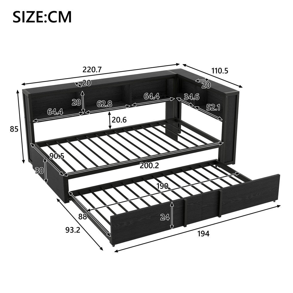 LETTO Con letto estraibile 90x200 cm Metallo e MDF Nero con vani contenitore