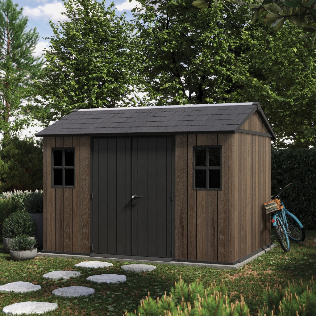 Apex 7511/1175- Casetta da Giardino 350x246x230 cm 2 Ante per deposito attrezzi finitura effetto legno Evotech+ in Resina Marrone e Nero