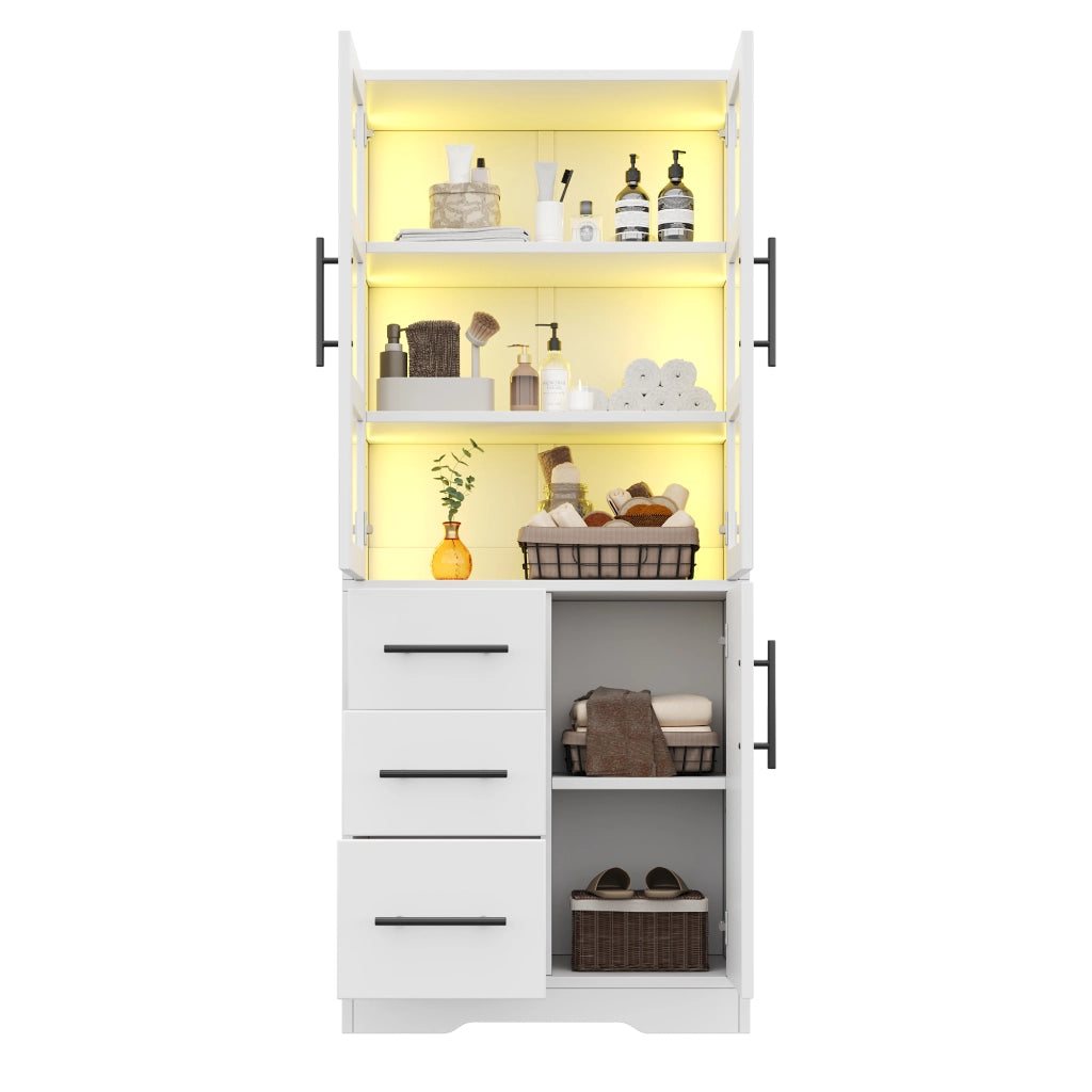 Armadietto Bagno con LED ¨C MINIMAL ¨C Bianco, 3 Cassetti, Ante Vetro, 72x35x170 cm