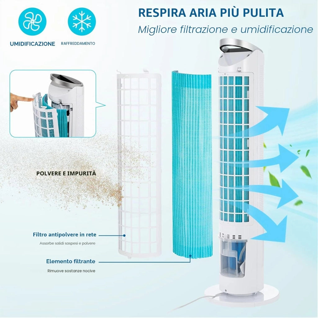 Ventilatore a Torre da 101 cm con Telecomando e Raffreddamento ad Acqua, Timer 8 Ore, Pulizia 4 In 1, con Raffreddamento, Umidificazione, Pulizia per Camera da Letto, Soggiorno, Ufficio