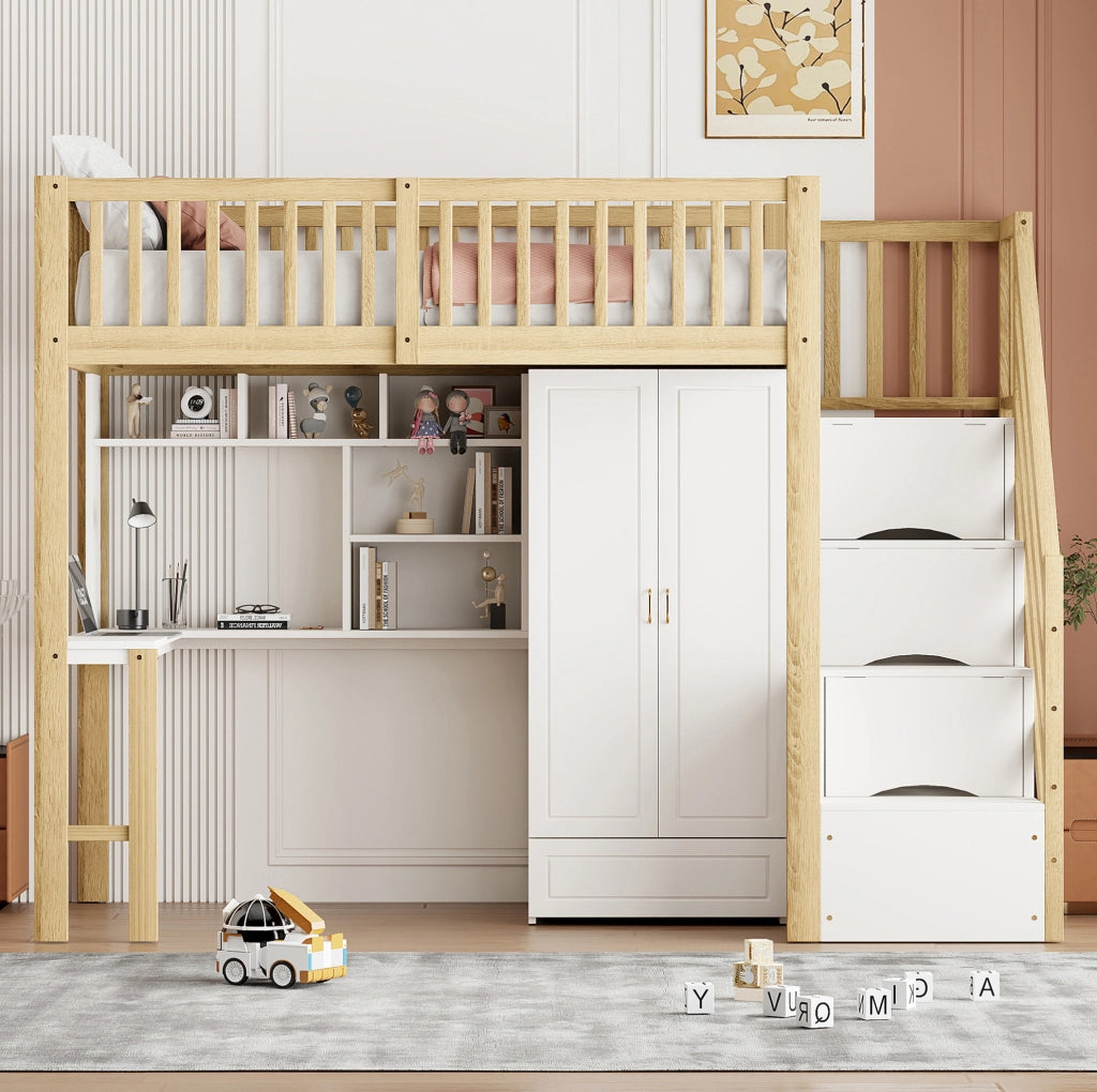 Letto a soppalco 90x200 con armadio, scrivania e scala