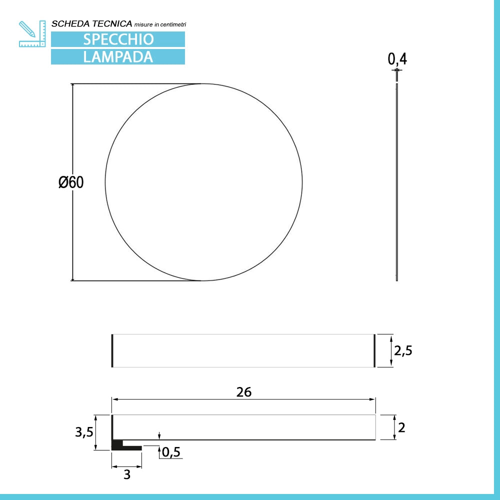 Specchio tondo 60 cm a filo lucido con lampada a LED da 26 cm