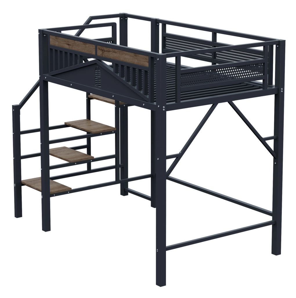 Letto a soppalco in metallo 140x200 cm con scala laterale e spazio contenitivo; nero