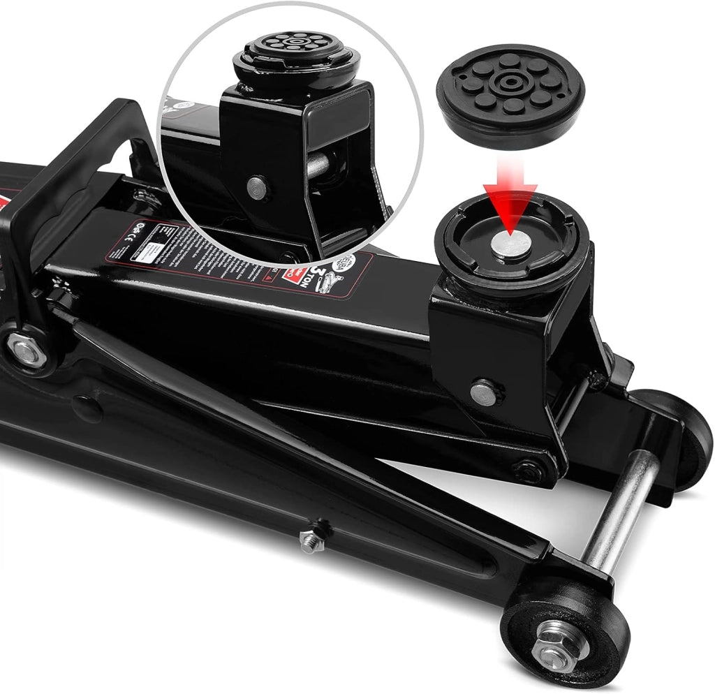 Cric idraulico auto 3 tonnellate maniglia rotelle manovrabile cuscinetto gomma martinetto sollevatore