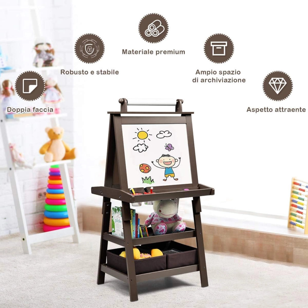 3 in 1 Cavalletto per Bambini con Doppia Faccia, Cavalletto per Disegno con 2 Vassoi e 2 Scatole, Lavagna Bambini in Legno (Caffè)