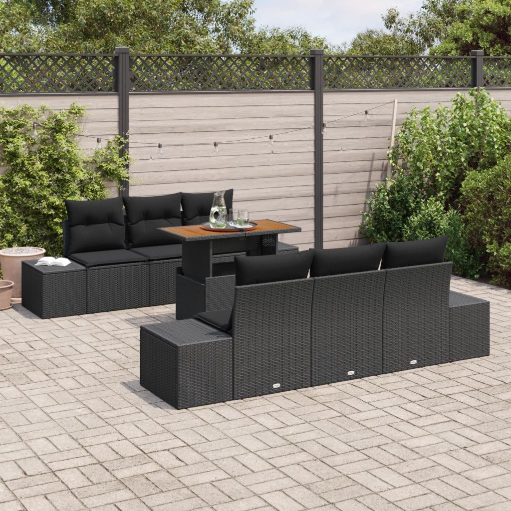 Set da Pranzo da Giardino con Cuscini 7 Pezzi in Rattan Nero e Acacia