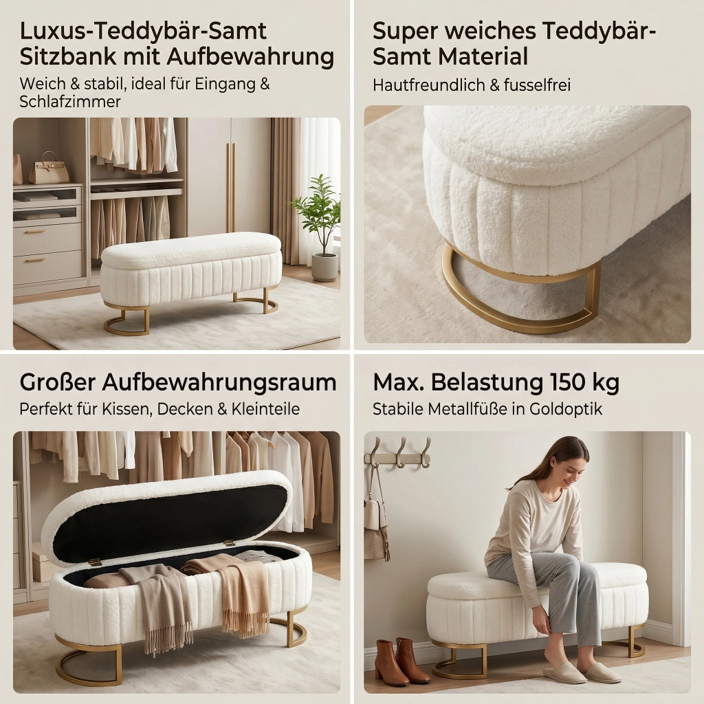 Panca da letto contenitore in velluto con seduta imbottita e piedi in metallo dorato, crema 130 cm