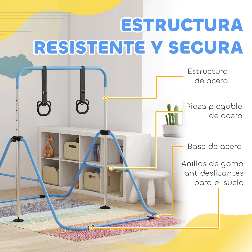 Sbarra per ginnastica bambini regolabile ¨C zephmum ¨C 5 livelli, anelli, blu, plegabile