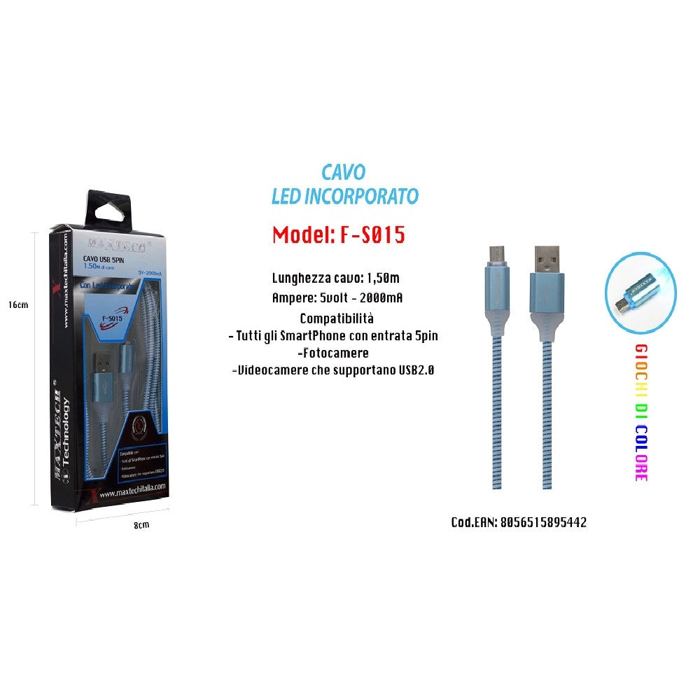 Trade Shop - Cavo Di Ricarica Usb Led Incorporato Smartphone Fotocamere 5v-2000ma 1,50mt Maxtech F-s015 -