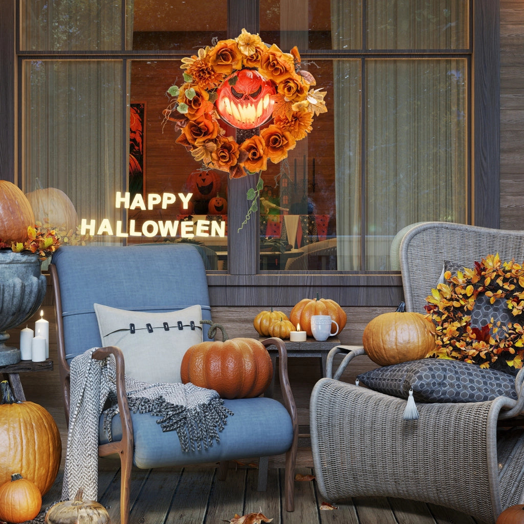 Corona Halloween ¨C zephmum ¨C Design Zucca Spaventosa, Foglie Autunnali, Luci, Plastica
