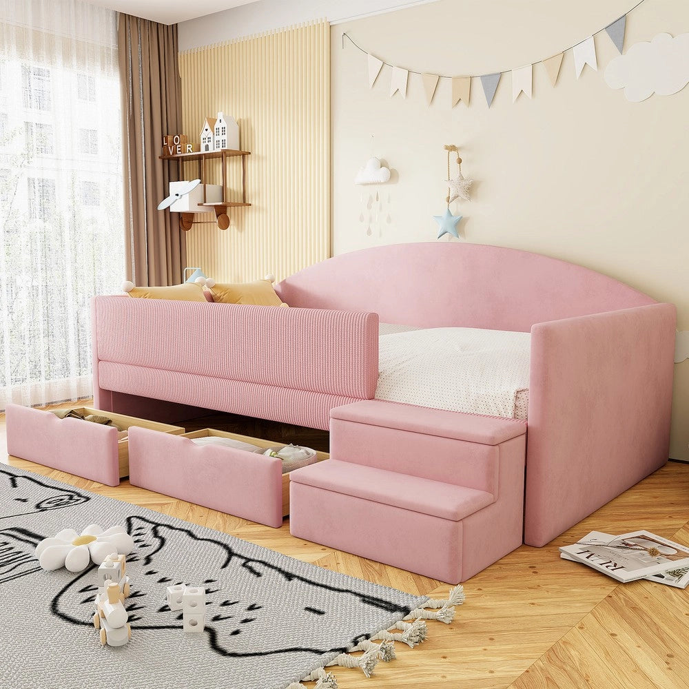 Letto imbottito multifunzionale - Zephmum- 90x190cm- Rosa- Due cassetti e recinzioni, Tessuto in velluto