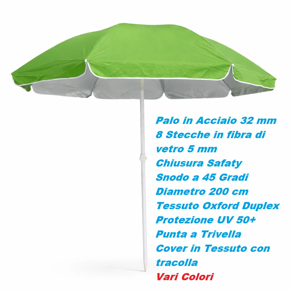 Ombrellone Mare 200 cm Antivento UV50+ con Snodo Palo Acciaio 8 Stecche Fibra
