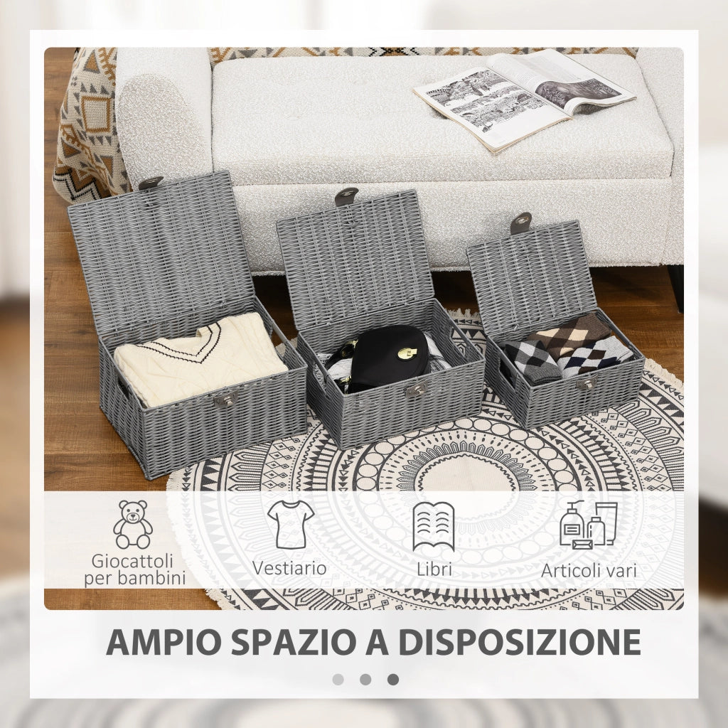 Set di 3 Cesti in Vimini PP con Coperchio di Diverse Dimensioni, Grigio