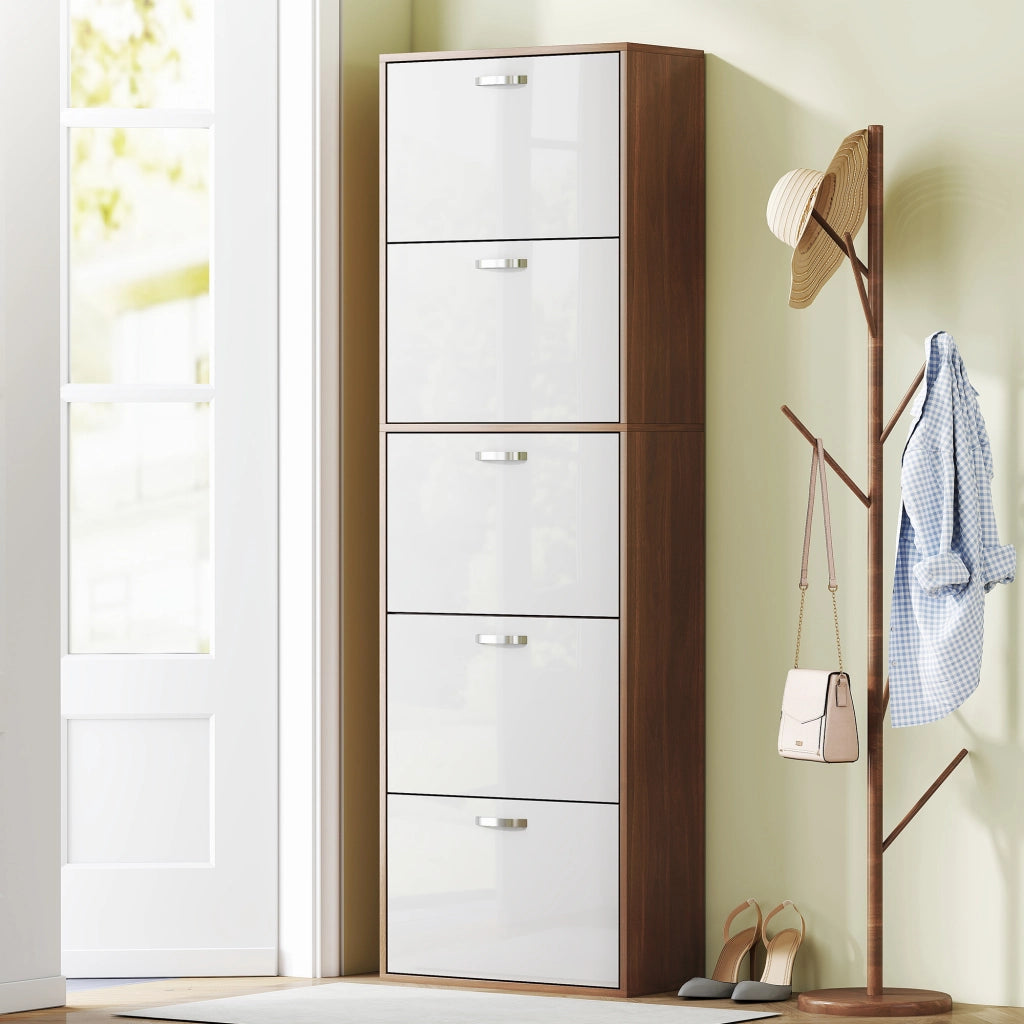 Scarpiera Slim a 5 Livelli con 2 Ripiani per Livello, in MDF, 60x28x189 cm, Bianco e Marrone