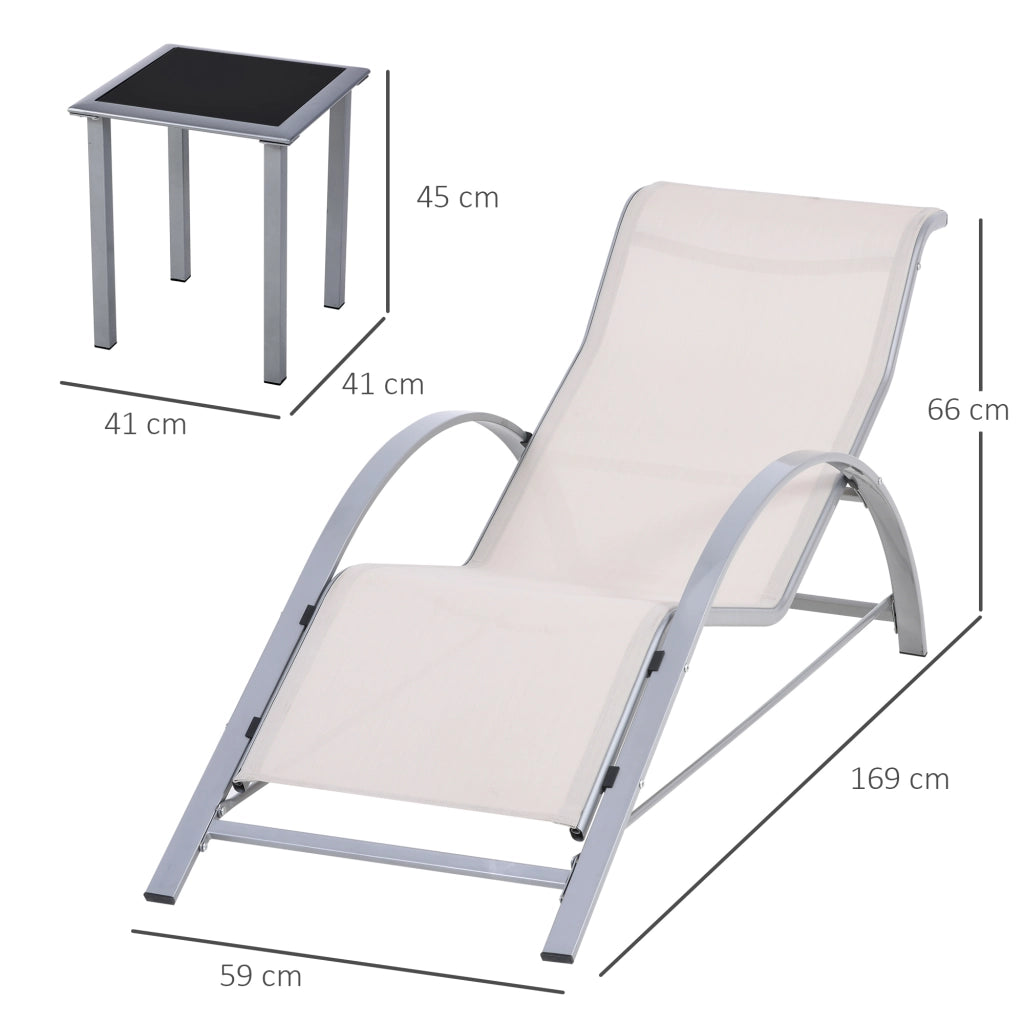 Set di 2 Lettini Prendisole e Tavolino con Piano in Vetro, 59x169x66 cm, Crema
