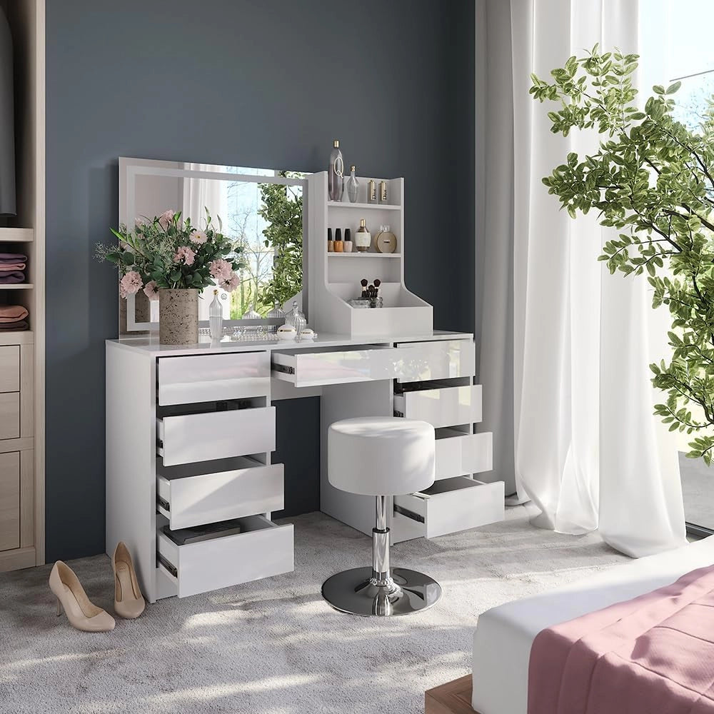 Tavolo da toeletta Sherry, Bianco/bianco lucido, 128.2 cm 4 parti