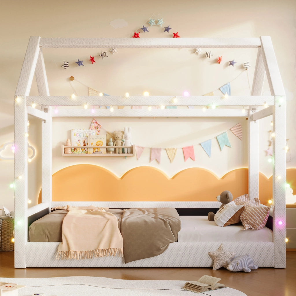 Letto a giorno con luci LED in MDF beige 90x200 cm