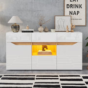 Credenza Soggiorno 140x40x70cm - Xylo - 4 Cassetti e Luci LED, Bianco e Legno