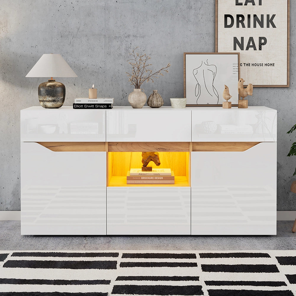 Credenza Soggiorno 140x40x70cm - Xylo - 4 Cassetti e Luci LED, Bianco e Legno