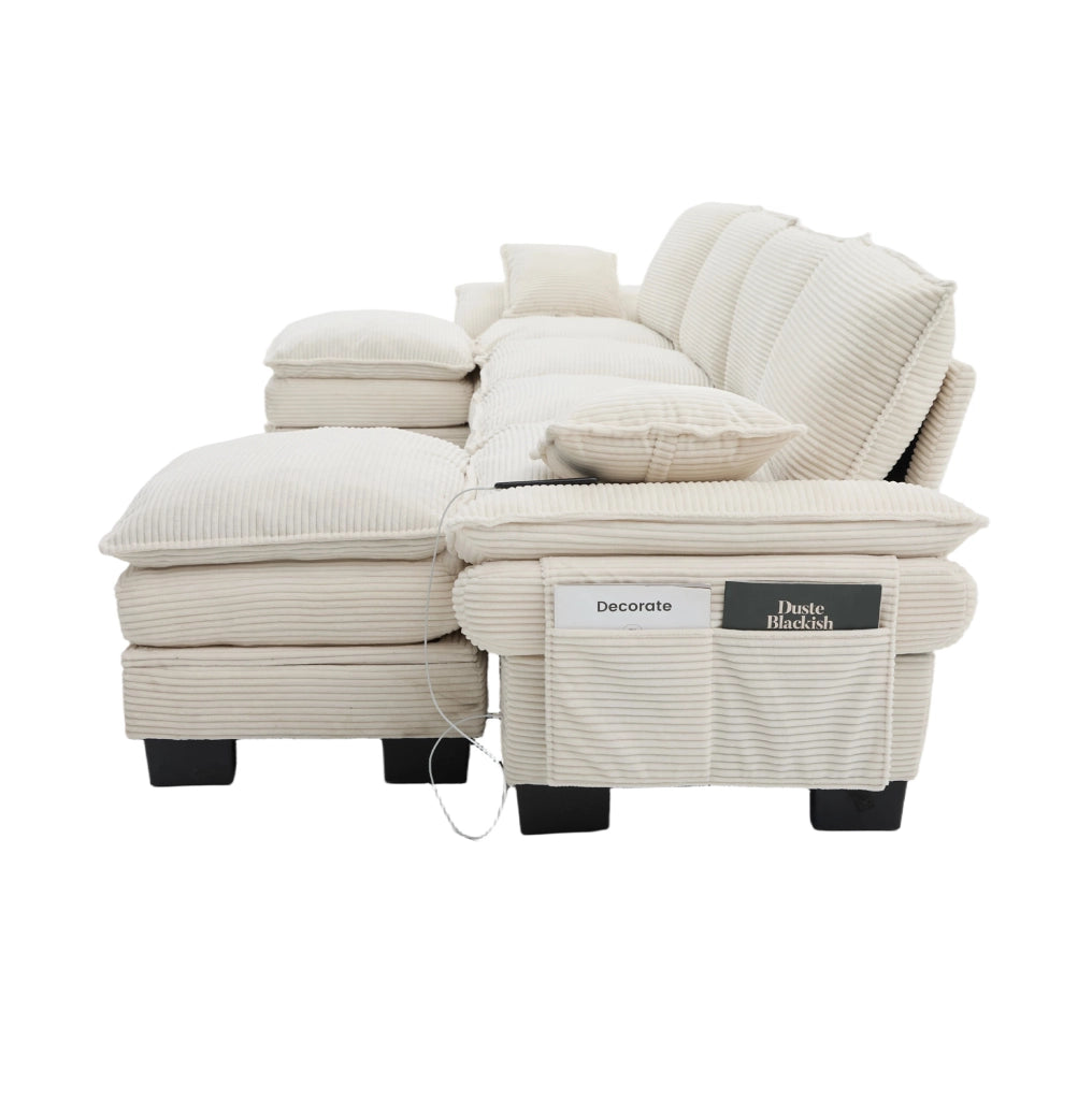 Divano modulare 4 posti in corduroy beige con 2 pouf; USB-C e tasche laterali 330 cm