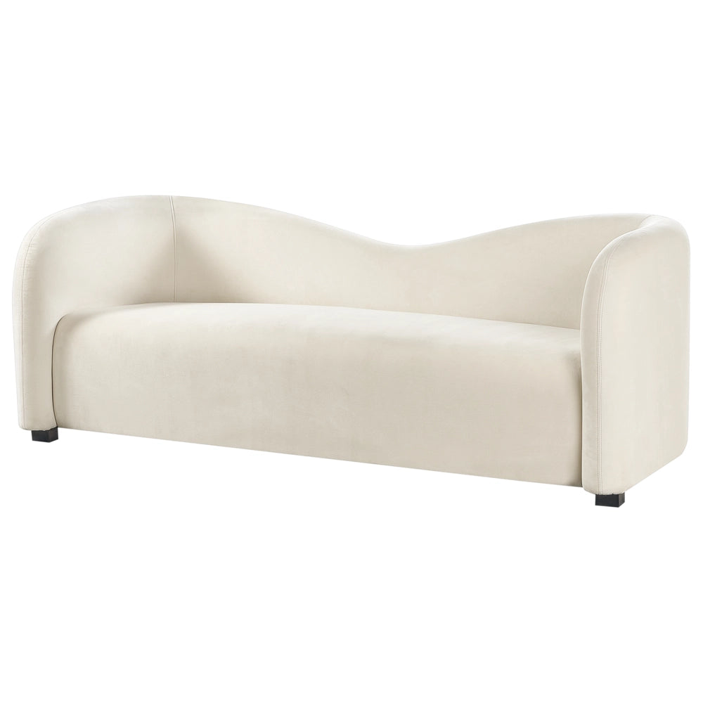 Set da salotto in velluto bianco sporco con divano e poltrone imbottiti davanti e dietro, schienale curvo, design moderno