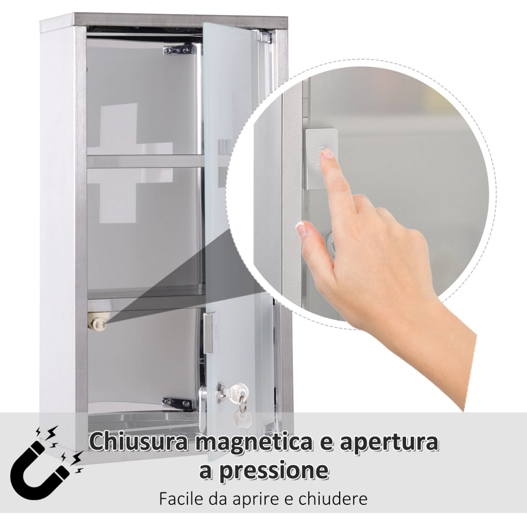 EasyComfort Armadietto Porta Medicinali, Pronto Soccorso Cassetta Medicine in Acciaio Porta in Vetro e 2 Chiavi 48x25cm