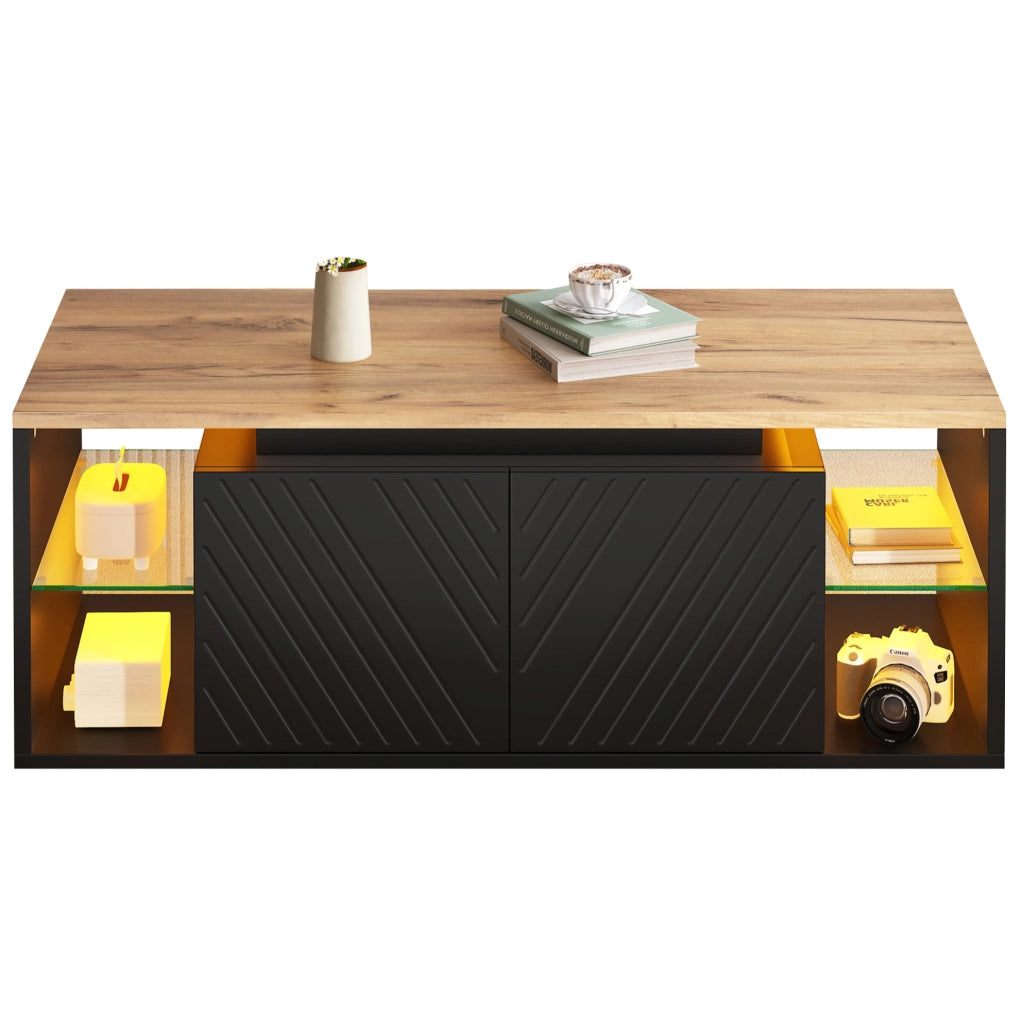 Tavolino da caffè con LED e 2 ante; 100 × 50 × 41 cm; pannello truciolare; nero
