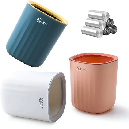 Mini prullenbak 3-delice per capo da toeletta, piccola cassetta per rifiuti con 4 sacchetti di spazzatura, progetto compattato di mini cassetti per rifiuti 13,7 * 12,7 * 15 cm, cassetta per rifiuti colorata per capo da toeletta, scrivania