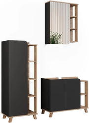 Set di mobili da bagno Karen, Sonoma/antracite, 80 cm, composto da mobile sottolavabo, specchiera e mobile medio