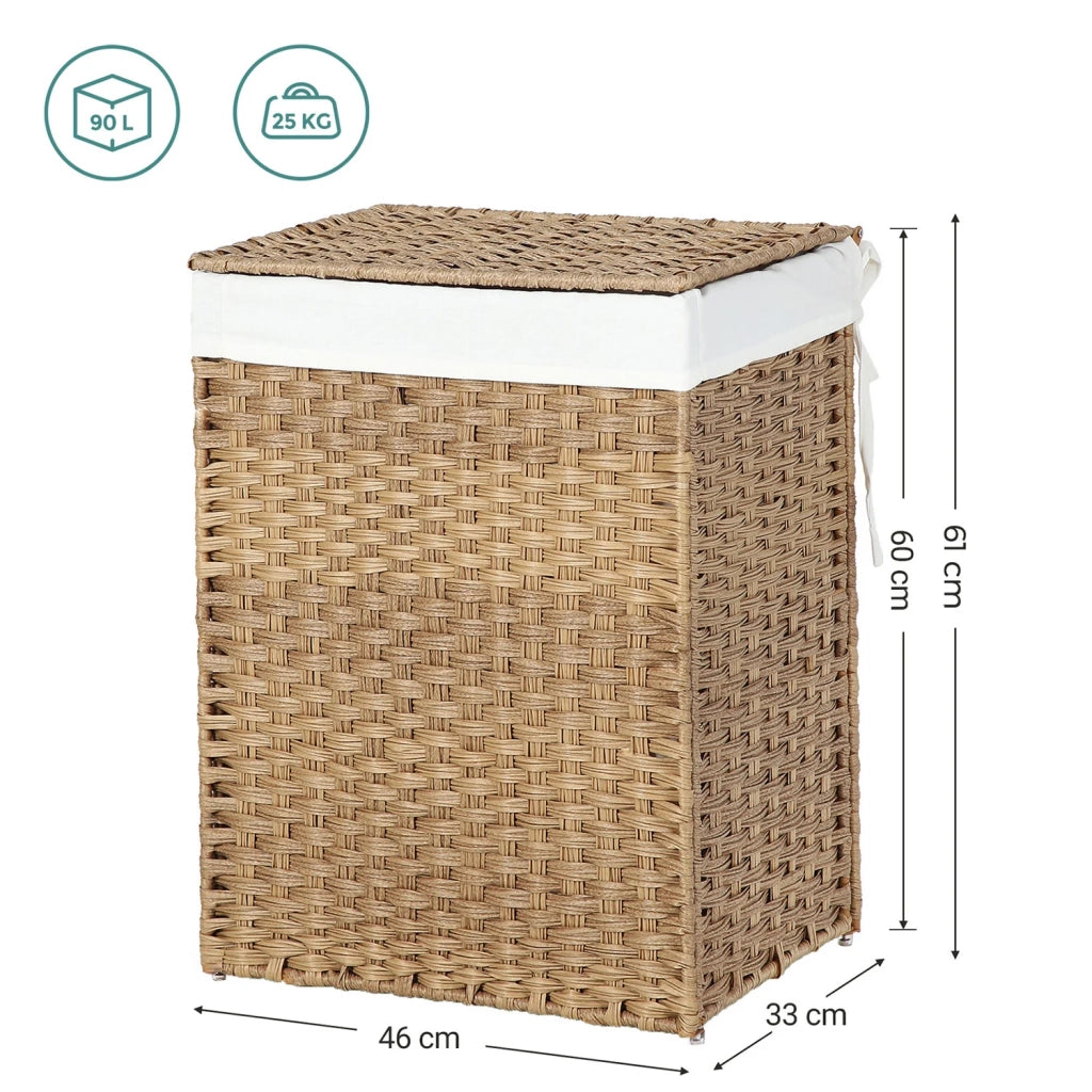 Cesto portabiancheria intrecciato a mano da 90 litri cesto portabiancheria in rattan sintetico con coperchio e manici pieghevole sacco interno rimovibile beige 12_0006700