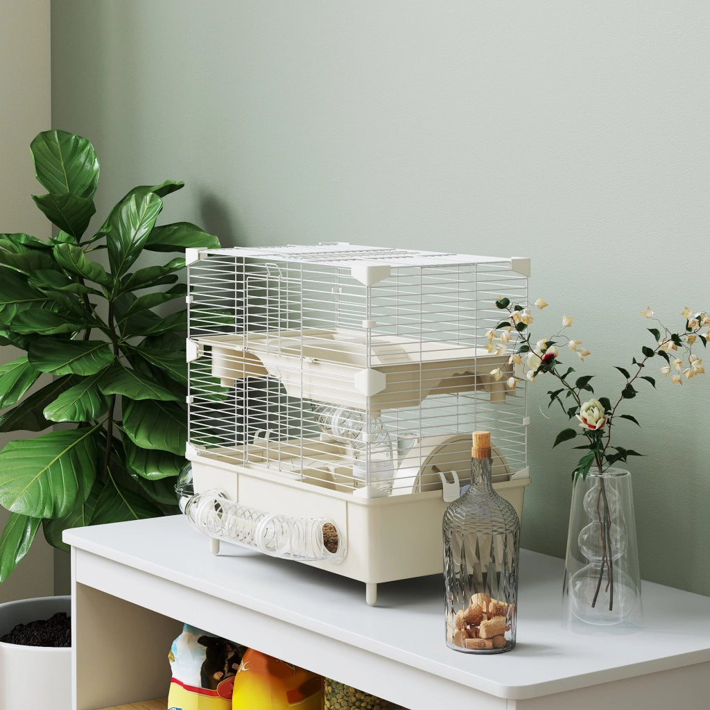 Gabbia per Criceti a 2 Livelli 44,5x28x44 cm 3 Porte Ruota e Tubi in Acciaio e PP Crema e Bianco
