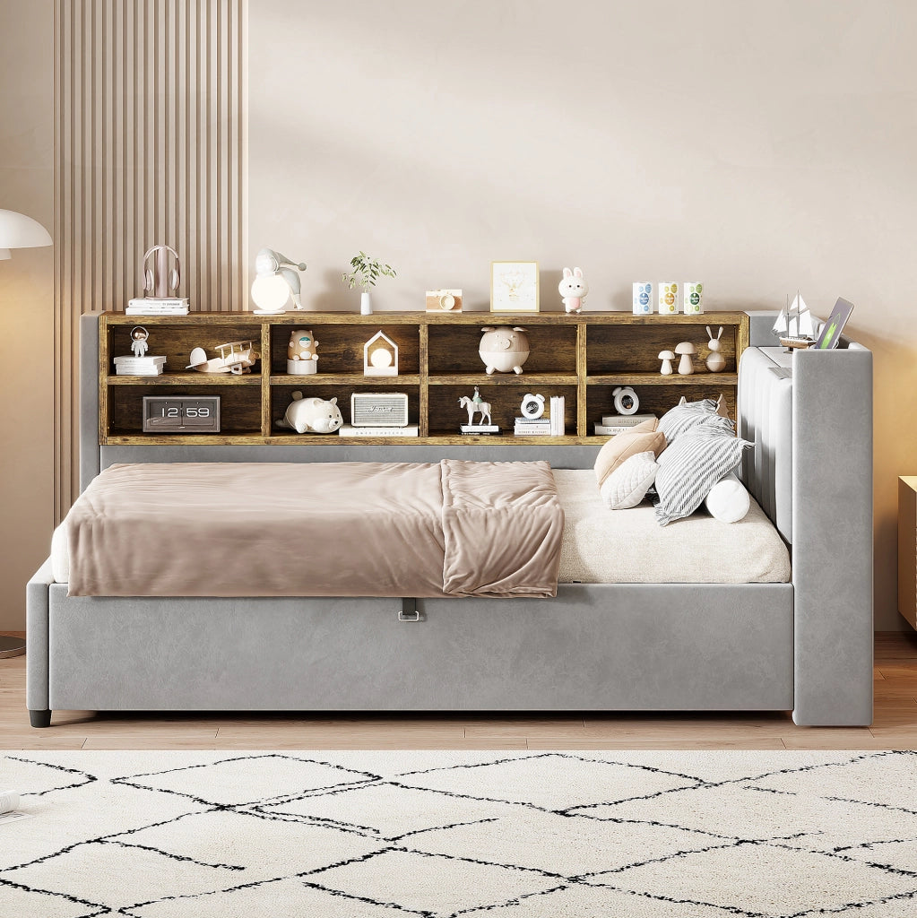 Letto imbottito 90x200 cm con contenitore idraulico; luce notturna; USB e Type-C; grigio