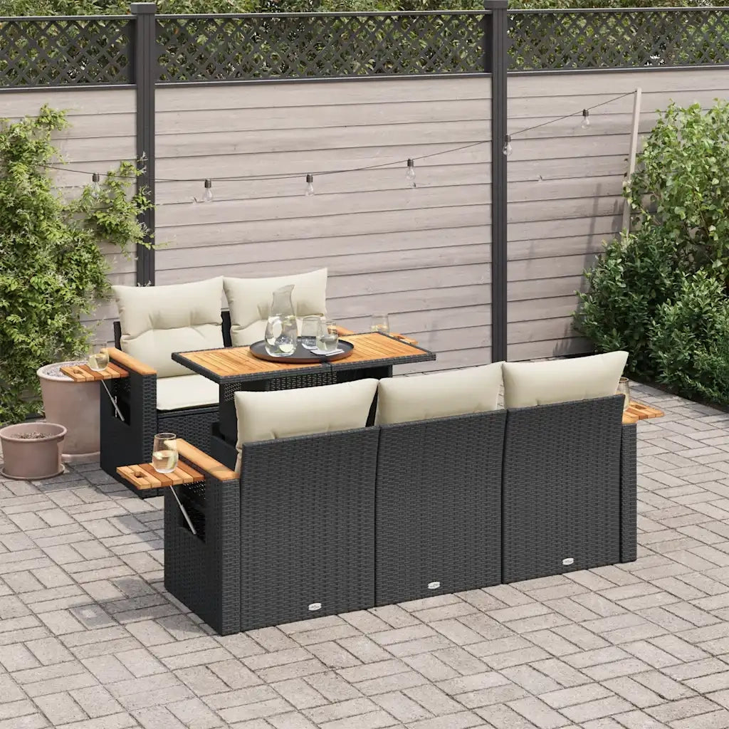 Set Divano da Giardino 6 pz con Cuscini Nero Polyrattan Acacia