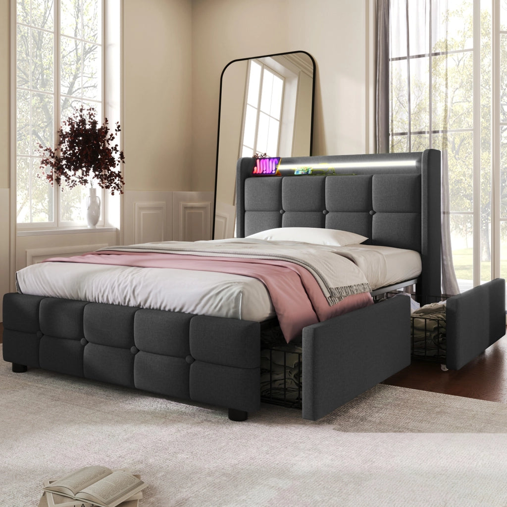 Letto singolo 90x200 con LED, USB, prese e 2 cassetti grigio