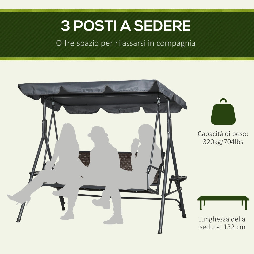 Easycomfort Dondolo da Giardino 3 Posti in Rattan PE e Acciaio con Tettuccio Regolabile e Portabicchieri, 204x112x150 cm
