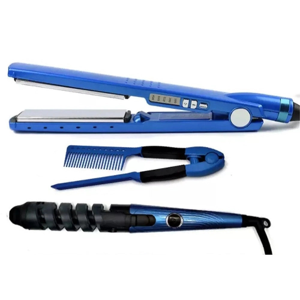 Trade Shop - Set Piastra 3in1 Per Capelli In Nano Titanio Ceramica Con Ferro Arricciacapelli Pettine -