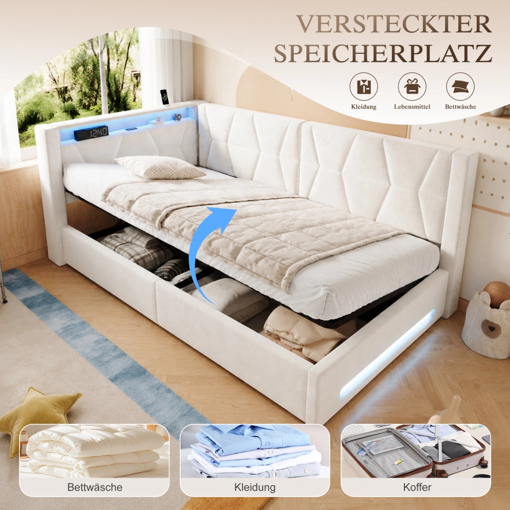 LETTO imbottito contenitore 90x200 cm in velluto beige con LED, USB e Type-C