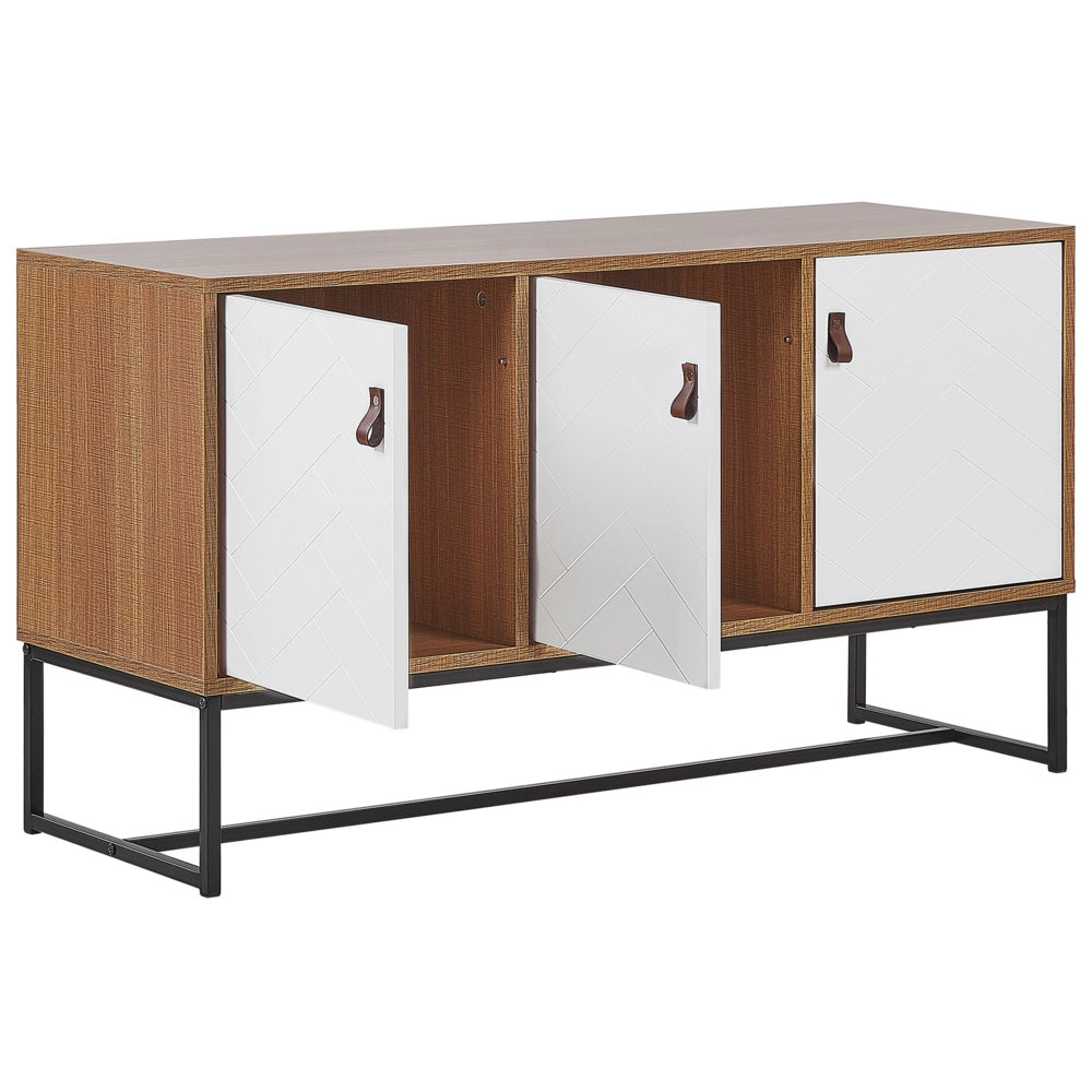Credenza in Legno Chiaro con Gambe in Metallo Bianco Mobiletto Rettangolare Mobile TV 3 Scomparti Ante 62 x 112 cm Mobili Soggiorno