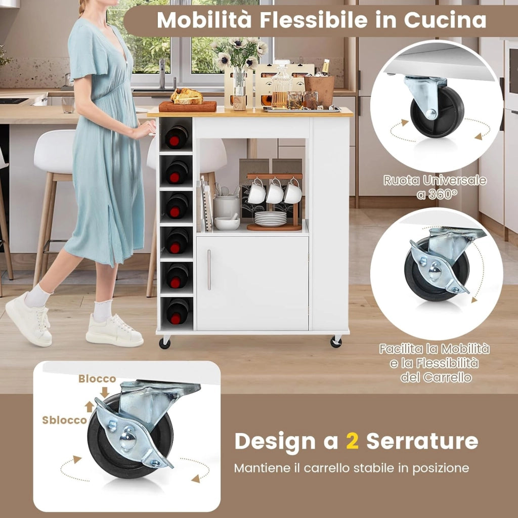 Carrello da Cucina con Ruote, Isola da Cucina con Scomparti Portabottiglie a 6 Scomparti, Portaspezie e Portasciugamani, 76x44x89 cm