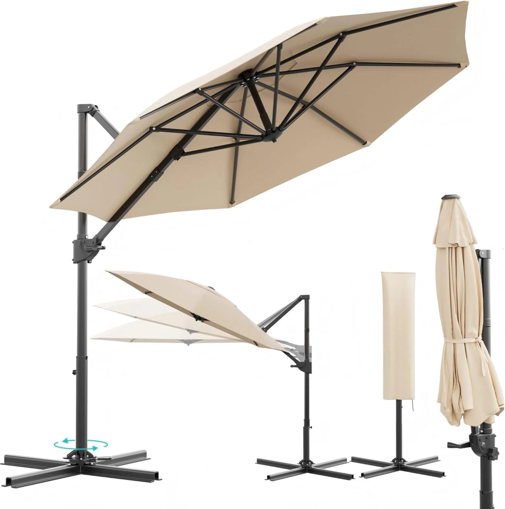 Ombrellone da Giardino Grande 330 cm, Ombrellone da Spiaggia e Giardino con Struttura Rinforzata, Manovella a 360°, Copertura Antivento 7x, Protezione UV 30+