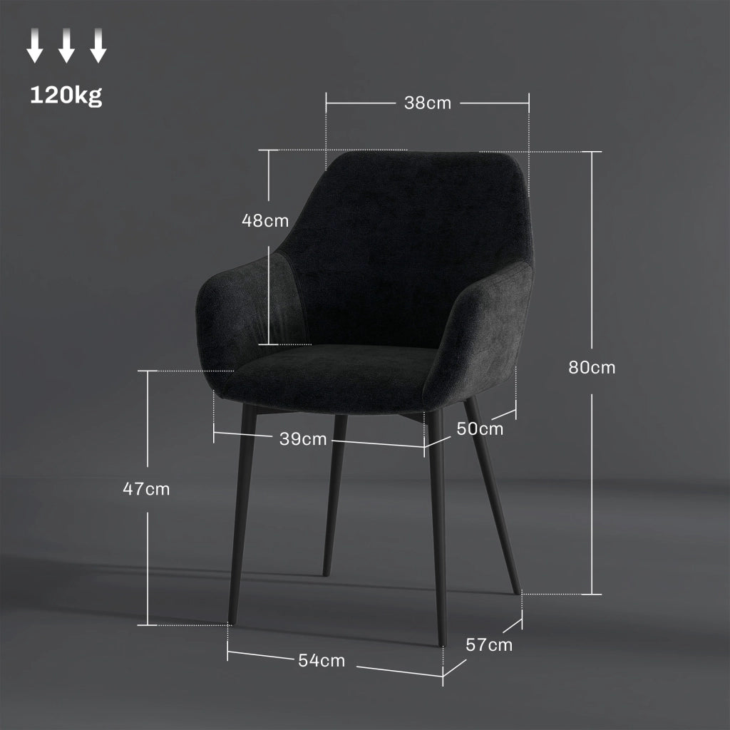 Set 2 Sedie per Sala da Pranzo Moderne con Braccioli, Seduta Imbottita e Gambe in Acciaio, 54x57x80cm, Nero