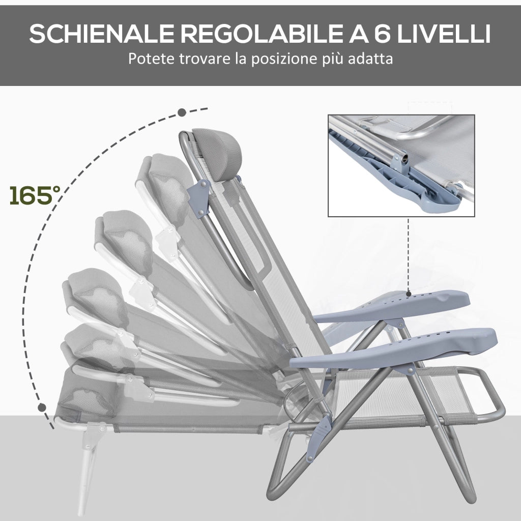 Set 2 Sedie da Campeggio Pieghevoli 62x65x80 cm Reclinabili su 6 Livelli Grigio Chiaro