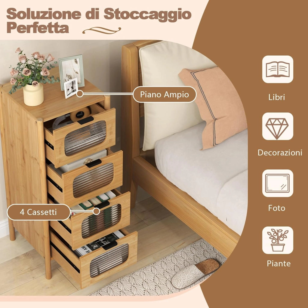 Cassettiera a 4 Cassetti in Bambù e Vetro, Cassettiera Alta per Camera da Letto, Credenza Salvaspazio per Soggiorno, Ingresso e Corridoio, 40 x 40 x 97 cm, Naturale