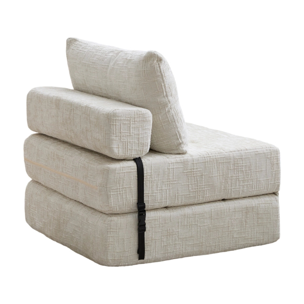 Divano letto pieghevole in chenille beige 79x180 cm con cuscini; per soggiorno e camera