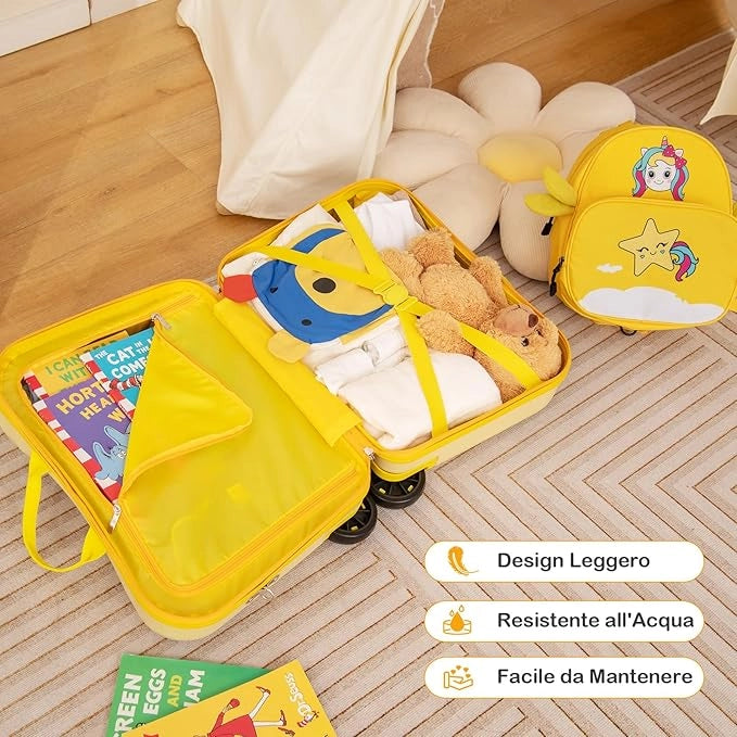 Valigia Cavalcabile per Bambini, 18" Valigia+ 12" Zaino,2 Pezzi, Trolley Bambini Bagaglio a Mano con Ruote Girevoli e Maniglia Retrattile, 2 Cingie Multiuso (Modello 3)