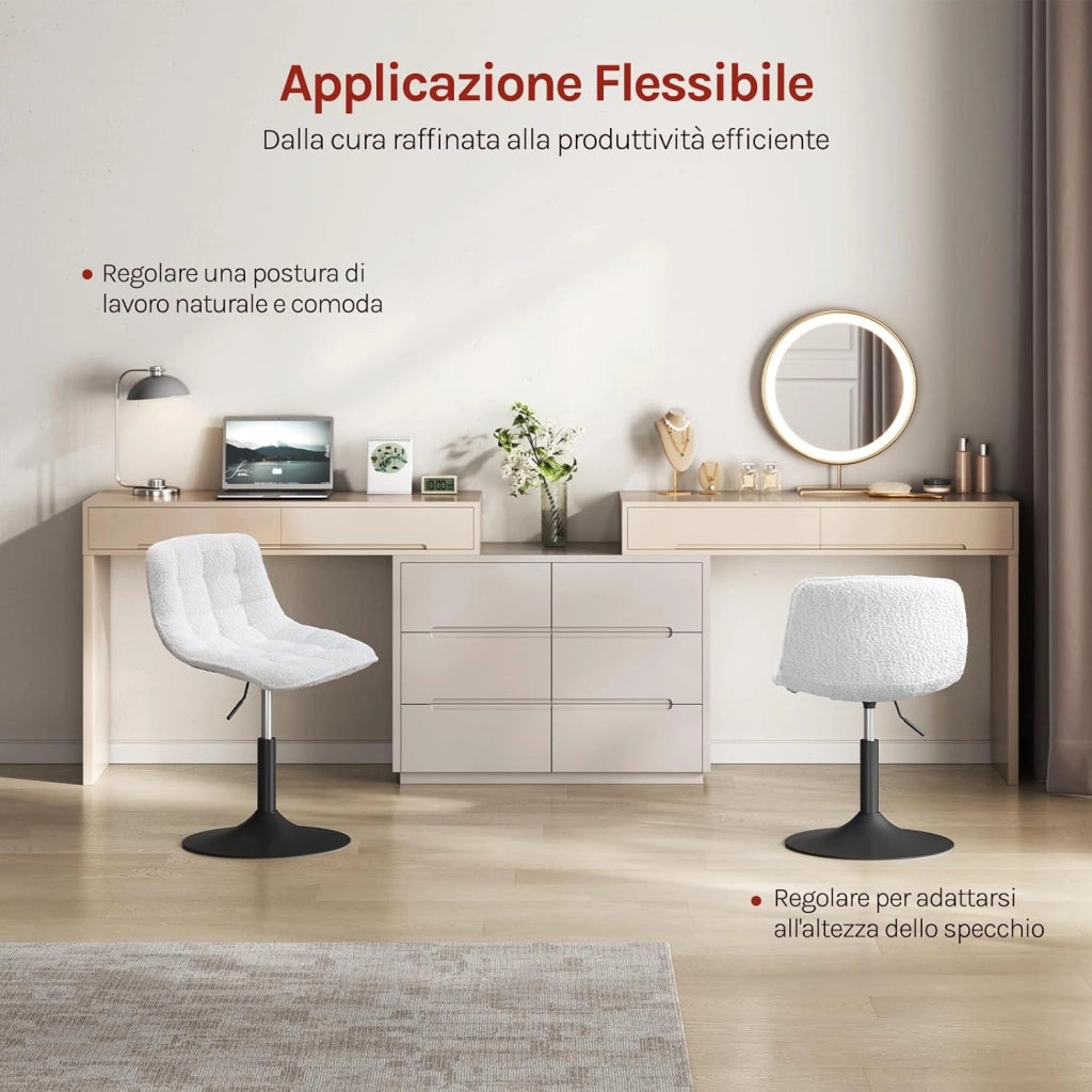 Sgabello per Toeletta Trucco, Sedia da Trucco con Schienale Regolabile in Altezza, Seduta in Ciniglia, Base Metallo, per Cucina, Camera da Letto, Bianco, BH408ws-1