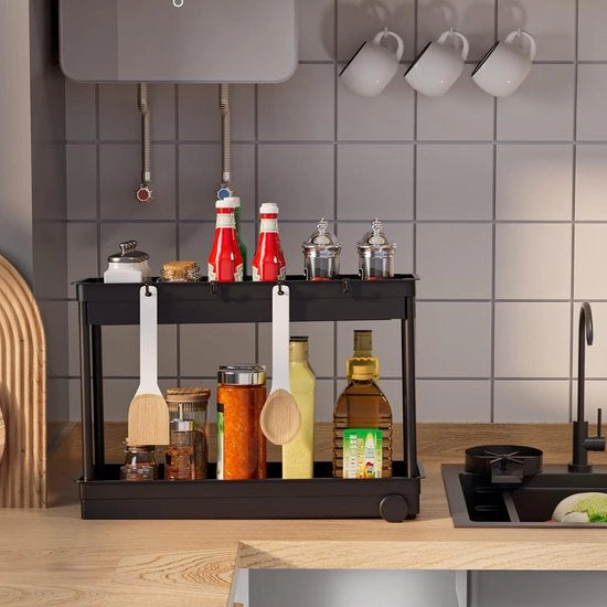 Organizzatore per pietra di sottozona, 2 livelli per l'archiviazione, lavello cucina con 8 ganci, organizzatore multifunzionale per armadi cucina, per bagno, cucina, nero, 2 confezioni