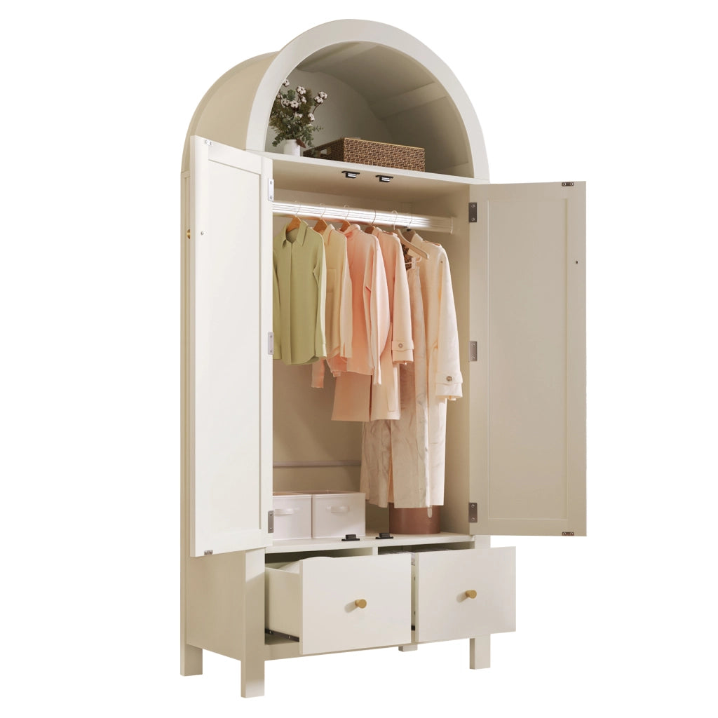 Armadio con intreccio in rattan, 2 ante, 2 cassetti e appendiabiti, stile country, bianco, 181 × 78 × 45 cm