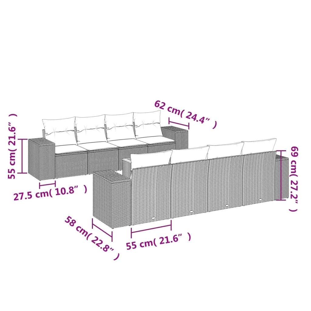 Set Divani da Giardino 9 pz con Cuscini Nero in Polyrattan 3225362