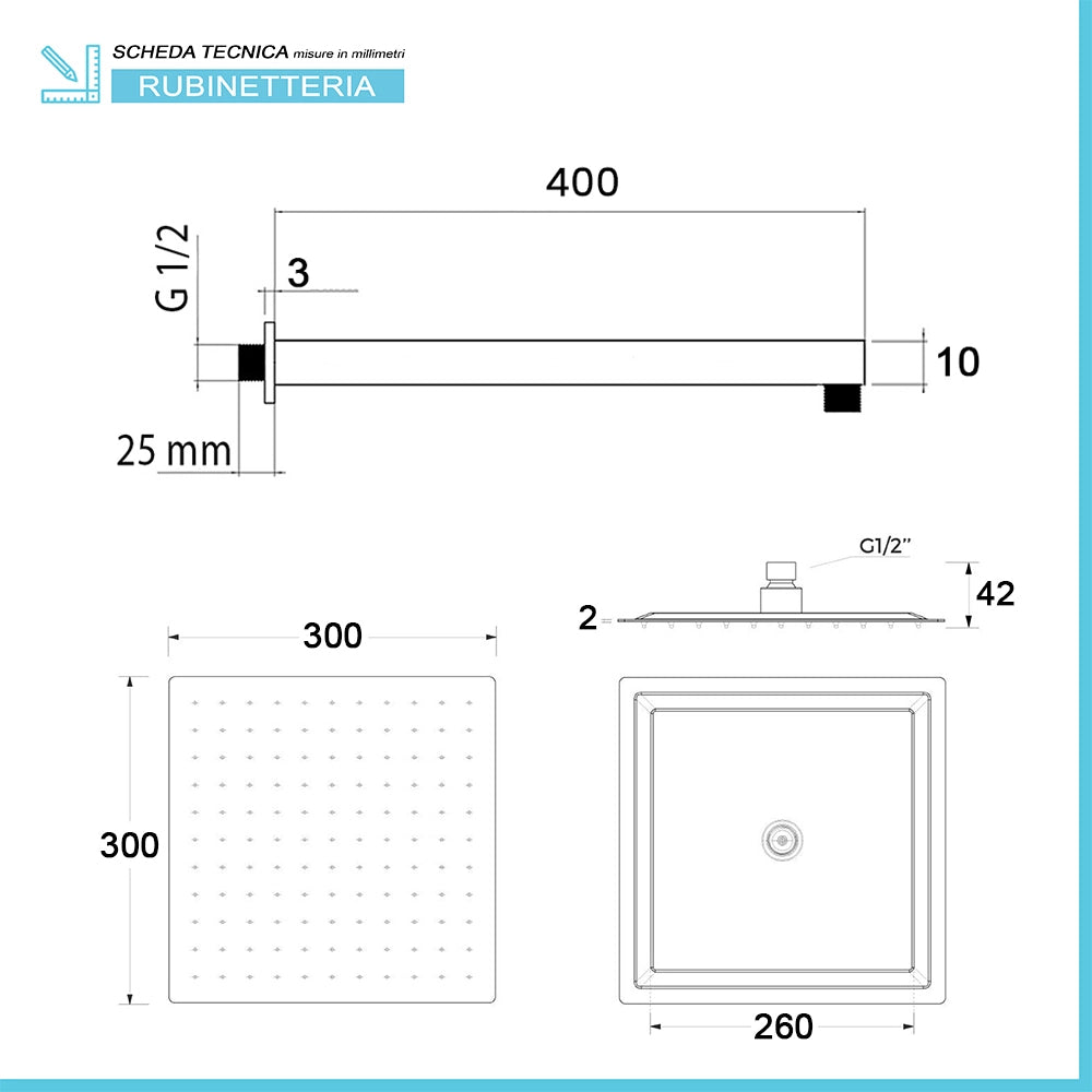 Set doccia soffione quadrato 30x30cm in acciaio inox e braccio 40cm nero opaco